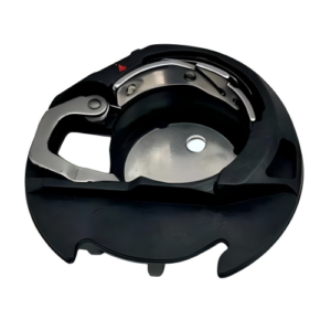 Close-up of the genuine Janome #846652009 bobbin case, showing metal construction and precision design for smooth sewing machine operation."