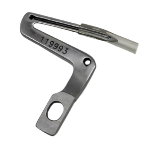 "Close-up of the Juki OEM lower looper (Part #119-99307), showing precision engineering and metal durability. Compatible with industrial Juki sergers like MO-6714/MO-6714S.