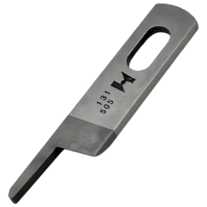 Close-up of the Juki OEM upper cutting blade (Part #131-50503) for overlock machines, showing precision edges and screw holes for easy installation
