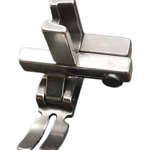 *"Close-up of the P351-03T presser foot mounted on a sewing machine, stitching leather fabric. The Teflon-coated base ensures smooth, skip-free sewing on difficult materials."*