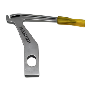 Close-up of the Siruba Lower Looper #750081001, a durable replacement part for overlock machines. Shows metal construction and hook detail.