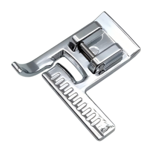 Close-up of the CY-9913 metal presser foot attached to a sewing machine, stitching denim fabric. Ideal for quilting, zigzag, and thick materials