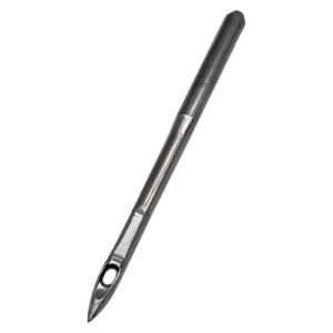 Close-up of an Inderle 30# industrial sewing needle (model YH22000847) showing sharp point and reinforced shaft for heavy fabrics. Includes size comparison and packaging for easy identification."